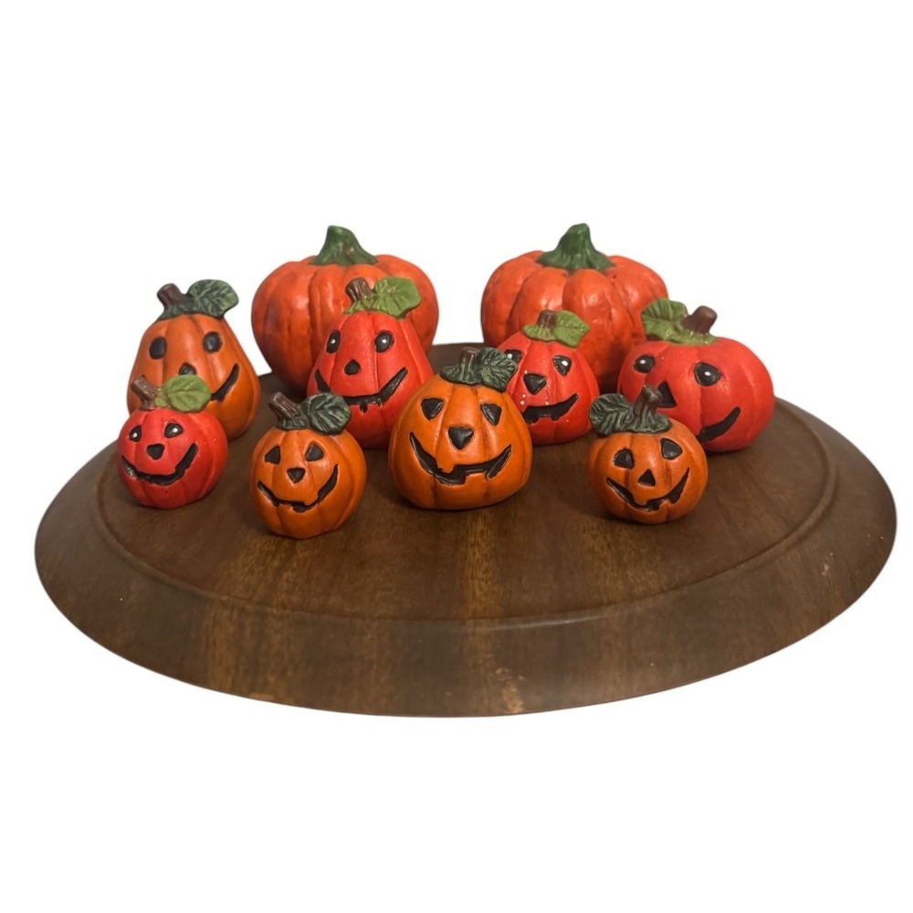 Vintage Orange Ceramic Jack O Lantern Pumpkin Figurine Set 10 pc Mixed Halloween